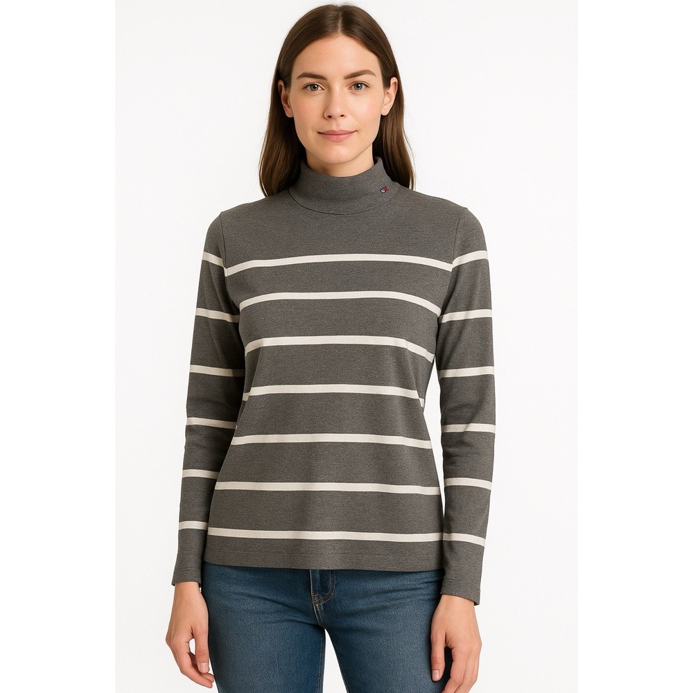 Tommy‎ Hilfiger Gray Striped Mock Neck Top L Cozy Minimalist Long Sleeve Tee